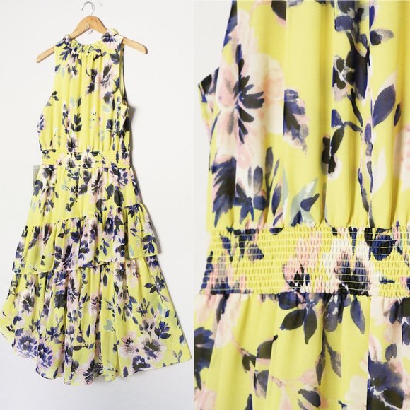 NEW Eliza J Floral Asymmetric Tiered Dress Plus 18 Citrus Yellow Halter - Picture 8 of 16